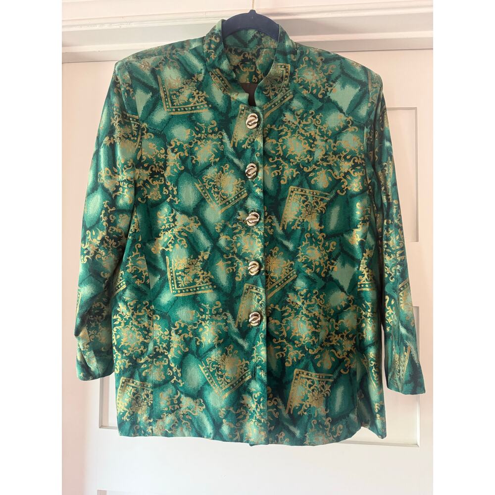 Vintage Emerald Green Gold Baroque Print Mandarin Collar Metallic Shirt Jacket